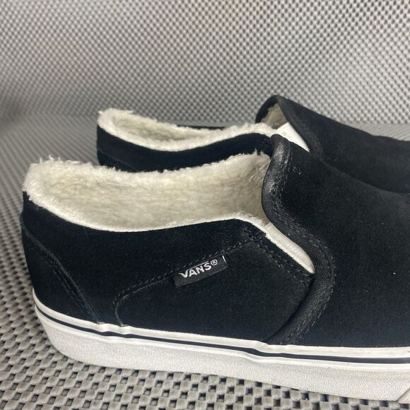 Vans Asher Slip On Shoes Womens Size 7 Black Suede Sherpa Lined Casual - Picture 11 of 14